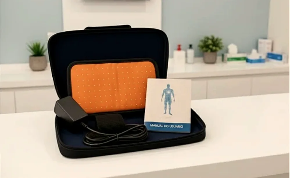 Maleta aberta do Lymphalaser com placa de LED laranja e manual